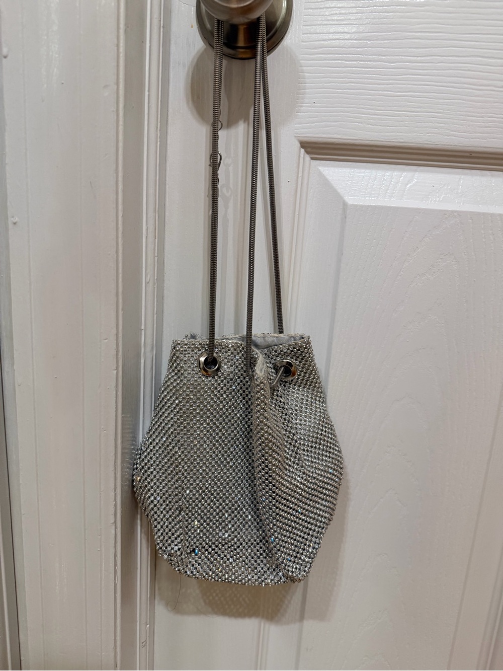 Silver Rhinestone Drawstring Evening Bag